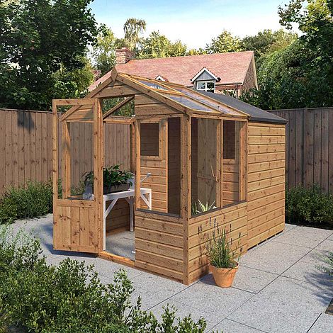 Waltons 8 x 6 Wooden Greenhouse and Garden Shiplap Storage Shed Combi